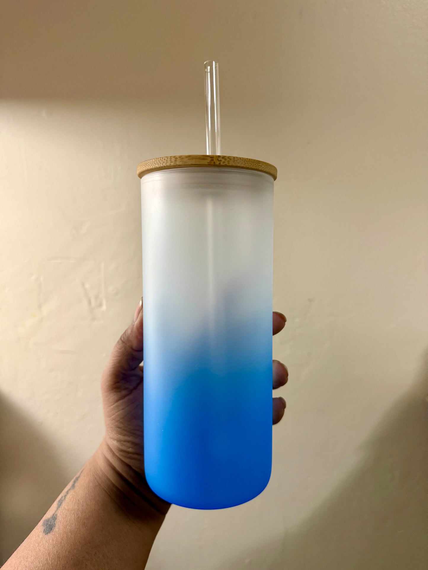 Blue Frosted 20oz Glass Cup w/ Plastic Straw