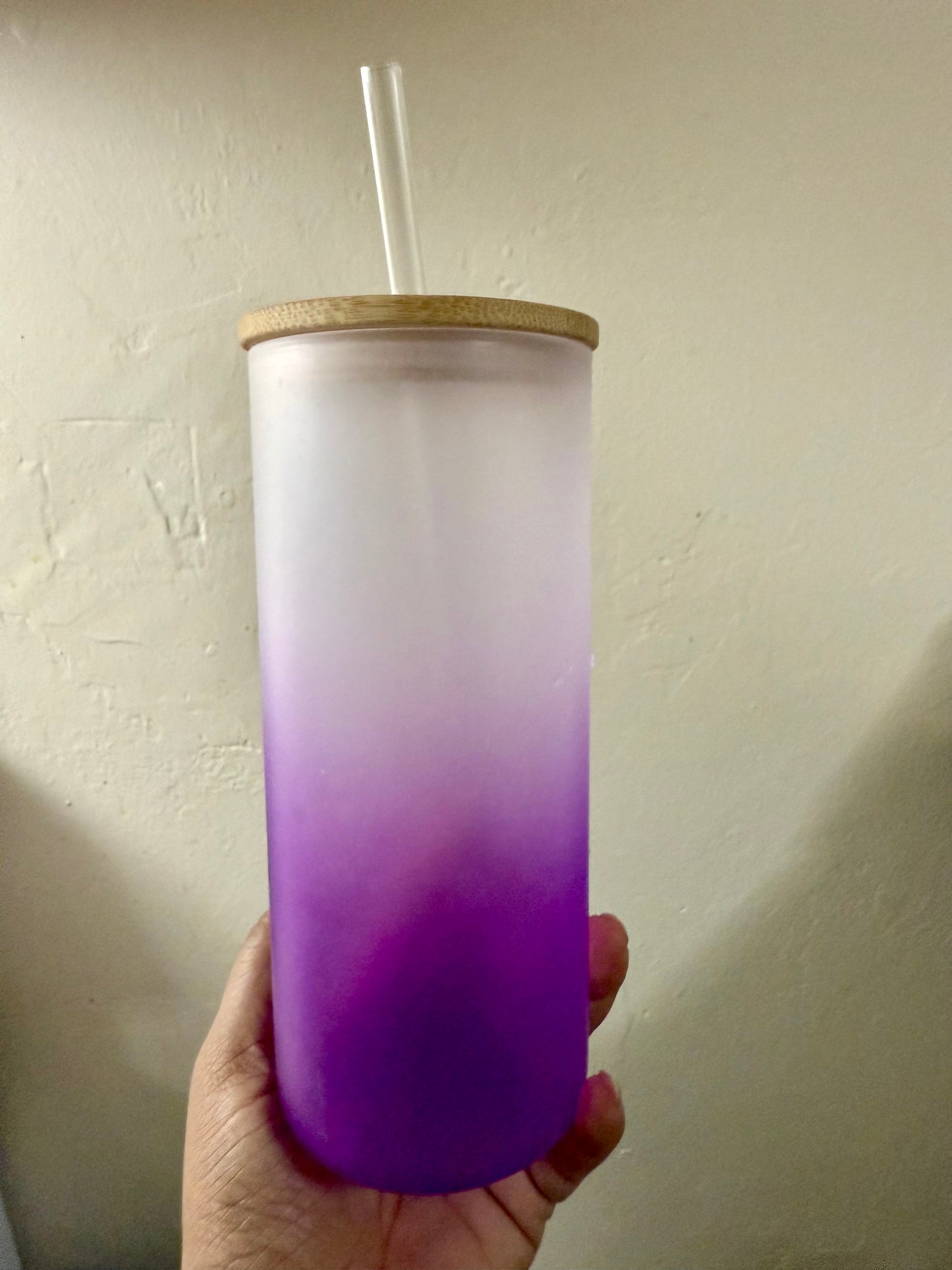 Purple Frosted 20oz Glass Cup w/ Plastic Straw