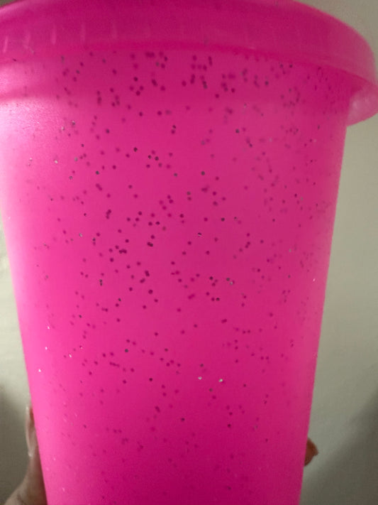 Pink Plastic Glitter 24oz cup w/ Plastic Straw
