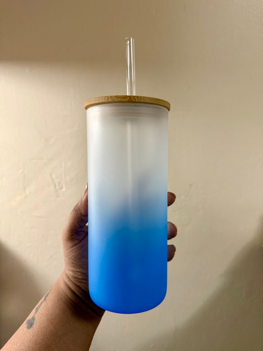 Blue Frosted 20oz Glass Cup w/ Plastic Straw
