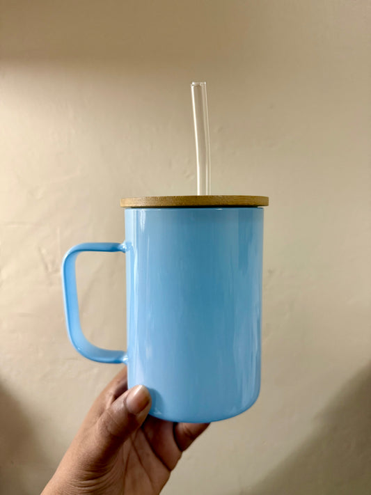 Blue 15oz Glass Mug w/ Glass Straw