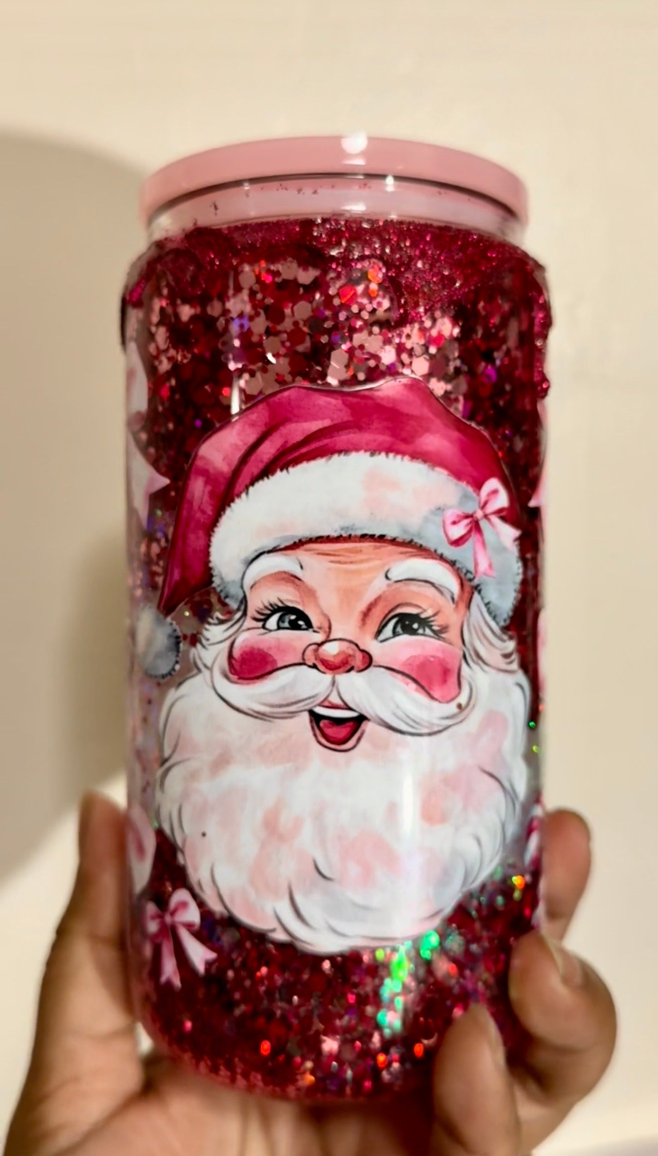 16oz Glass Pink Santa Glitter Snow Globe w/ Glitter Drip