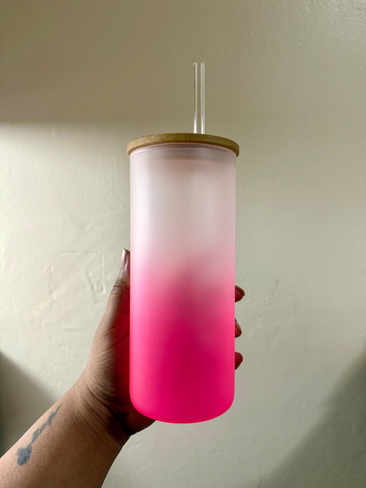 Pink Frosted 20oz Glass Cup w/ Plastic Straw