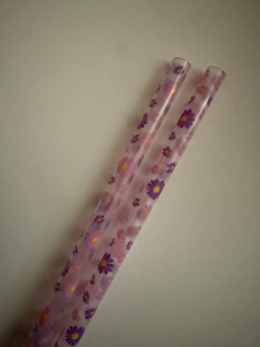 Pink & Purple Flowers Clear Straws