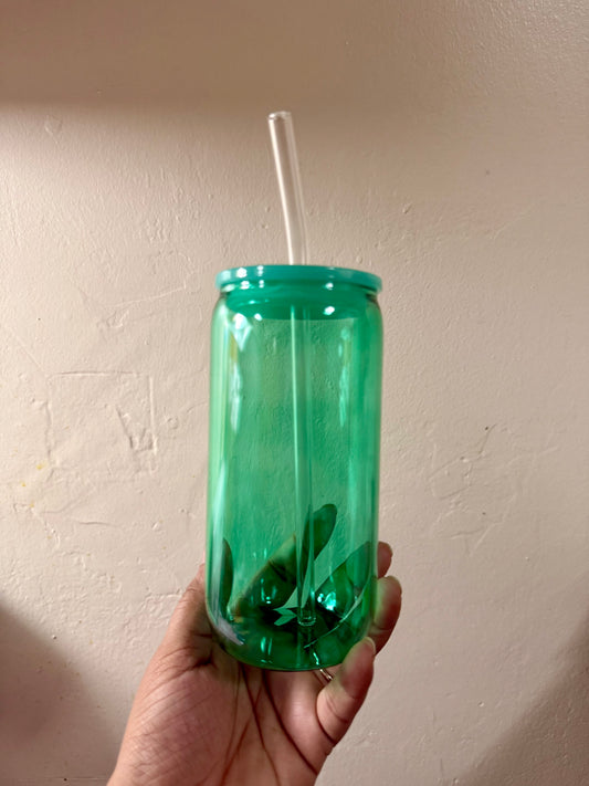 Teal 16oz Glass Cup w/ Glass Straw